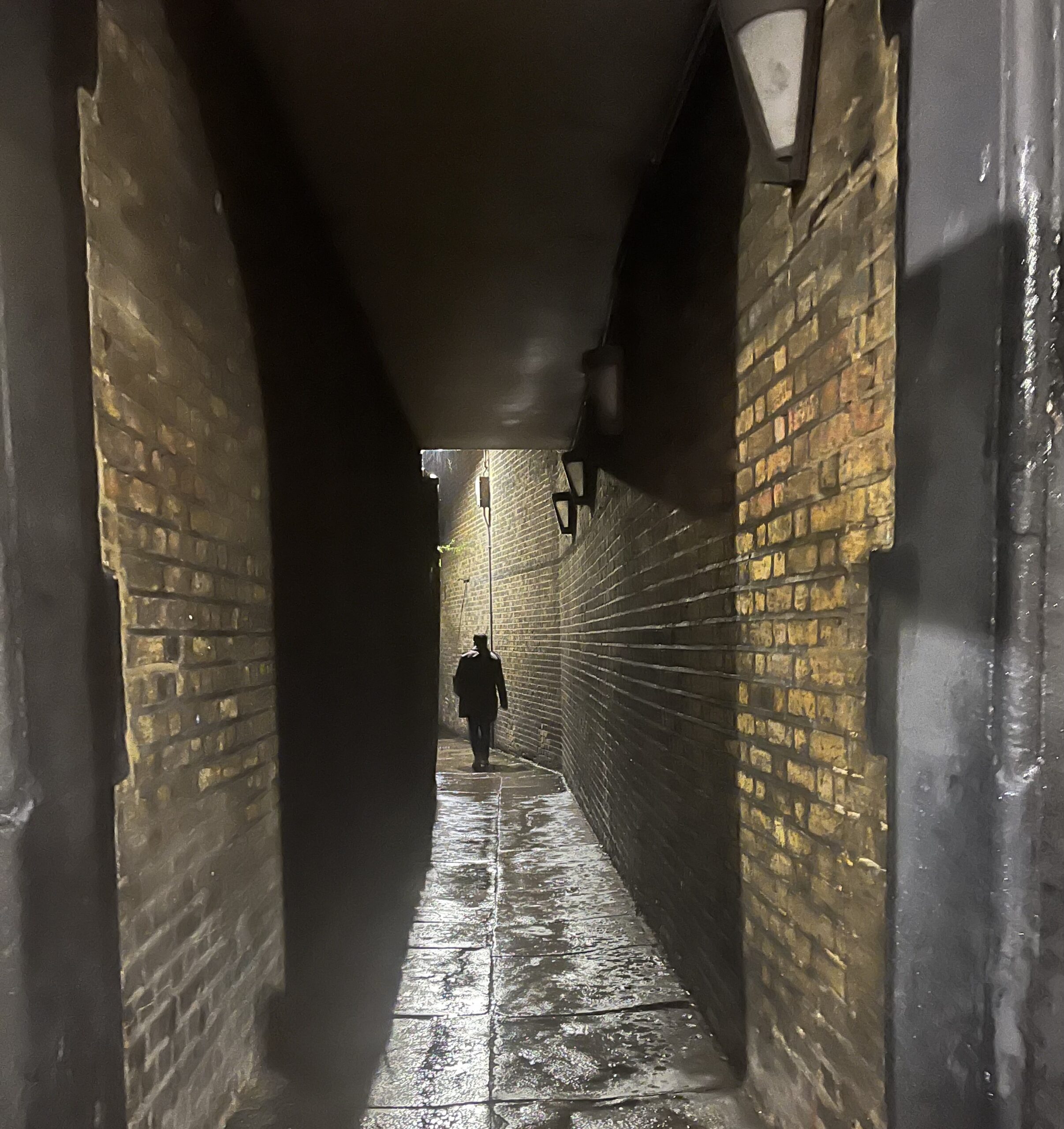 A silhouette figure at the end of a dark wet brick alleyway